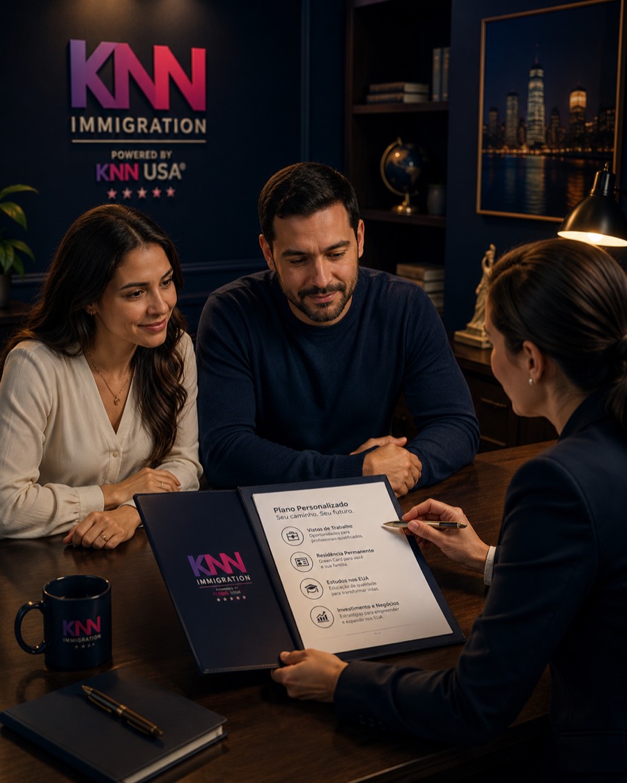 Casal em reunião de planejamento com consultora da KNN Immigration